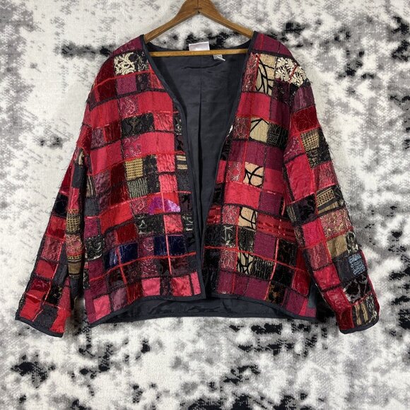 Chicos Sweater Jacket Womens Size Large (2)‎ Patchwork Quilt Silk Lined Academia - Picture 1 of 11